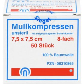 MULLKOMPRESSEN ES 7,5x7,5 cm unsteril 8fach 50 St – PZN 6310865 из немецкой аптеки