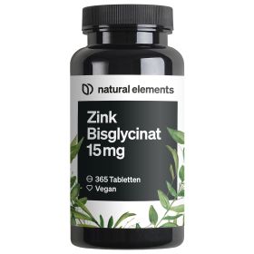 natural elements Zink 15mg – 365 Tabletten – gut verträgliches Zinkbisglycinat (Zink-Chelat) 63 g из немецкой аптеки