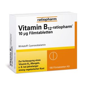 Vitamin-B12-ratiopharm® 10 μg Filmtabletten – zur Vorbeugung eines Vitamin-B12-Mangels insbesondere bei vegetarischer Ernährung, enthält Cyanocobalamin 100 St из немецкой аптеки