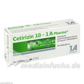 Cetirizin 10 - 1 A Pharma, 50 ST – PZN 3823630 из немецкой аптеки
